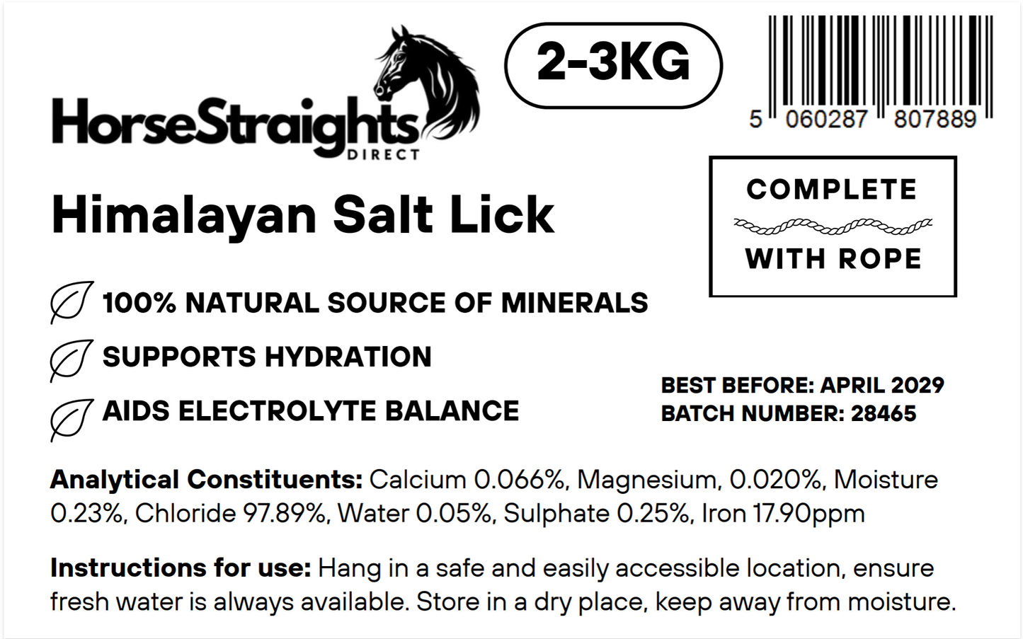 Himalayan Salt Lick label for horses with product details and instructions.