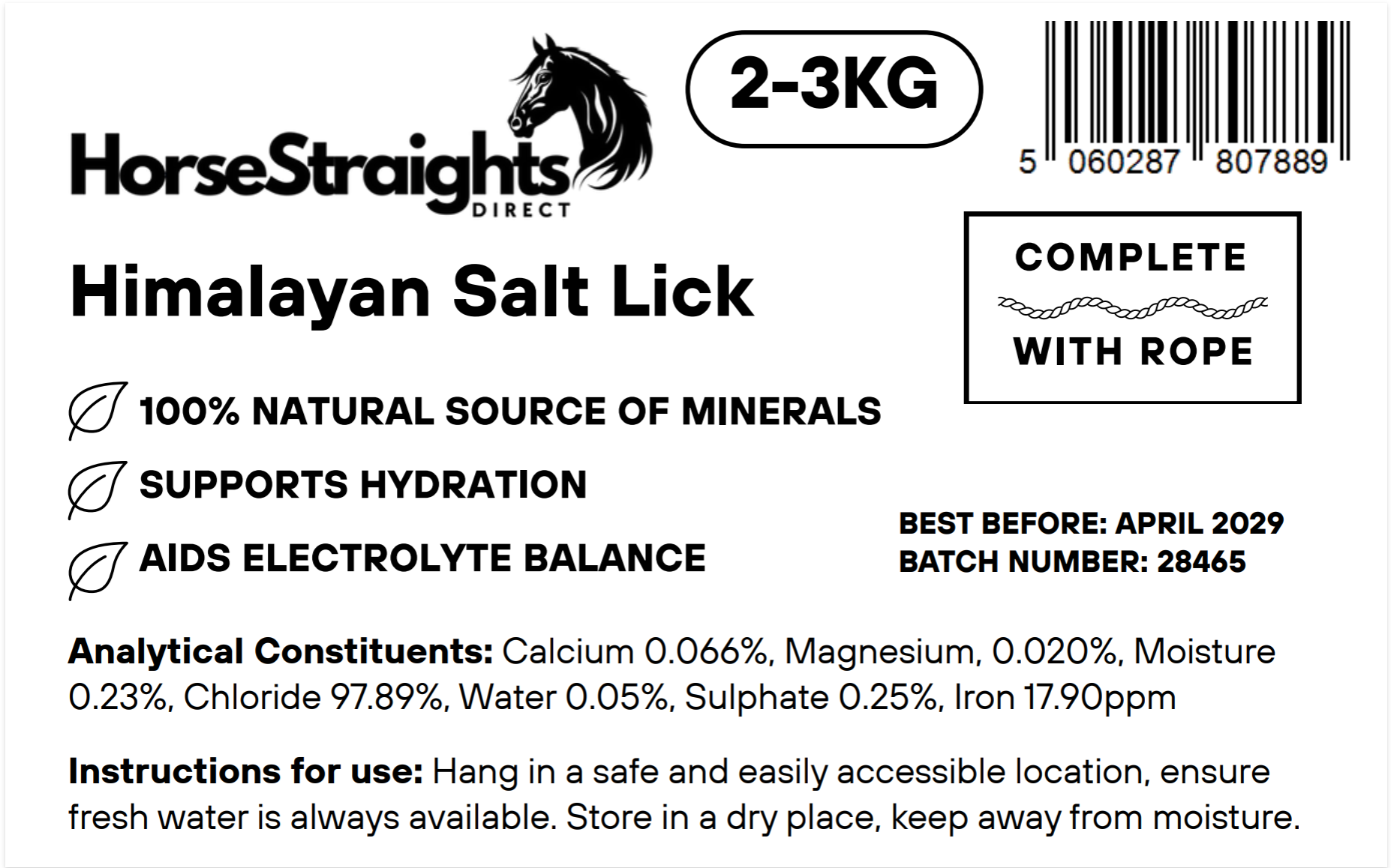 Himalayan Salt Lick label for horses with product details and instructions.